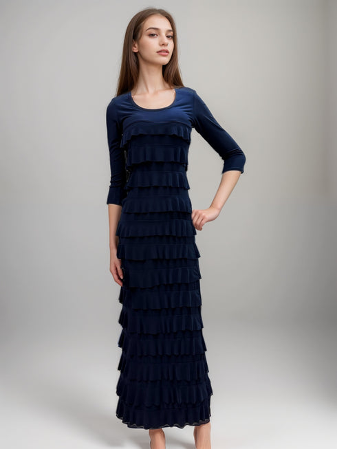 Ruffle Maxi Dress with 3/4 Sleeves - D213