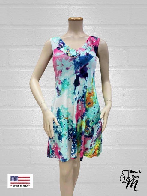 Ruffle Neck Skater Style tank dress with square back and Pocket-D006