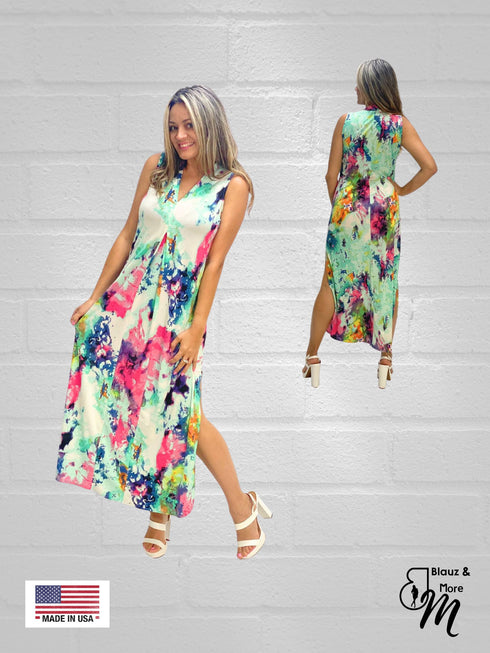 Sheath Silhouette V-Neckline Side Slit Maxi Dress - D052