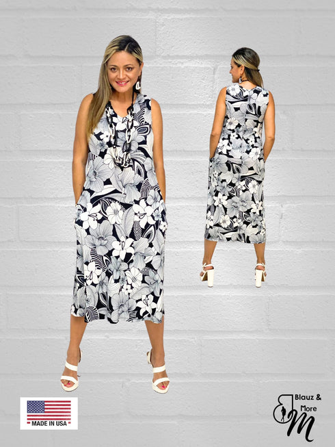 Women Maxi Sun Dresses V-neck sleeveless long Maxi Dress with Pocket - D2059