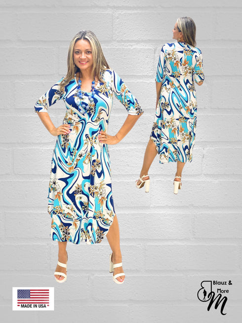 A-line Maxi Dress 3/4th Sleeve -D075