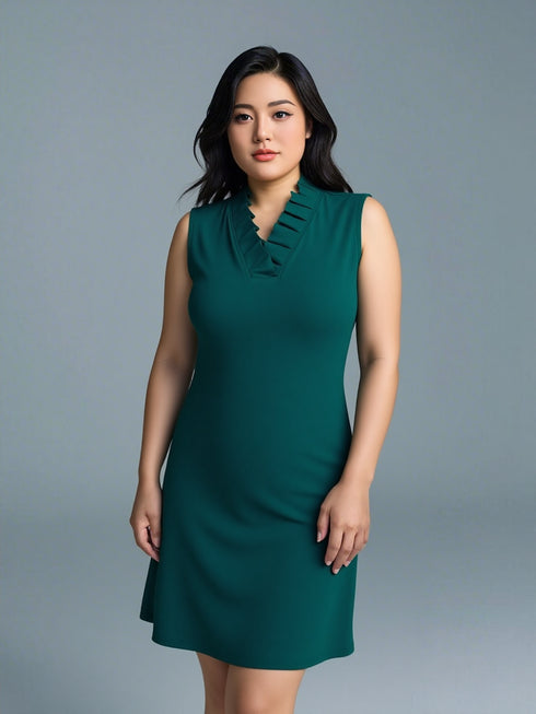 V NECK RUFFLED COLLER SLEEVE LESS DRESS - D096