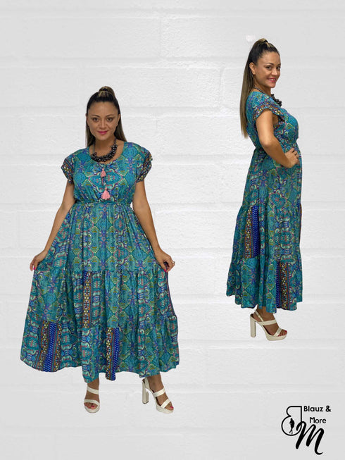 Short Sleeve Round Neck Smocked Waist Tiered Floral Flowy Maxi Dress - D10415