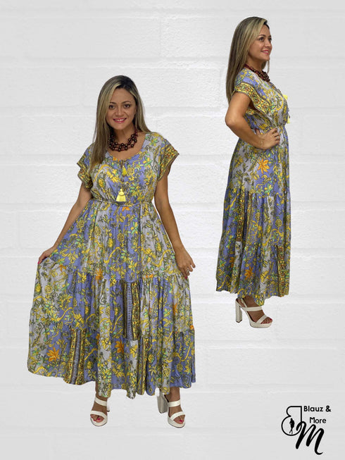 Short Sleeve Round Neck Smocked Waist Tiered Floral Flowy Maxi Dress - D10415