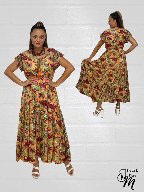 Short Sleeve Round Neck Smocked Waist Tiered Floral Flowy Maxi Dress - D10415