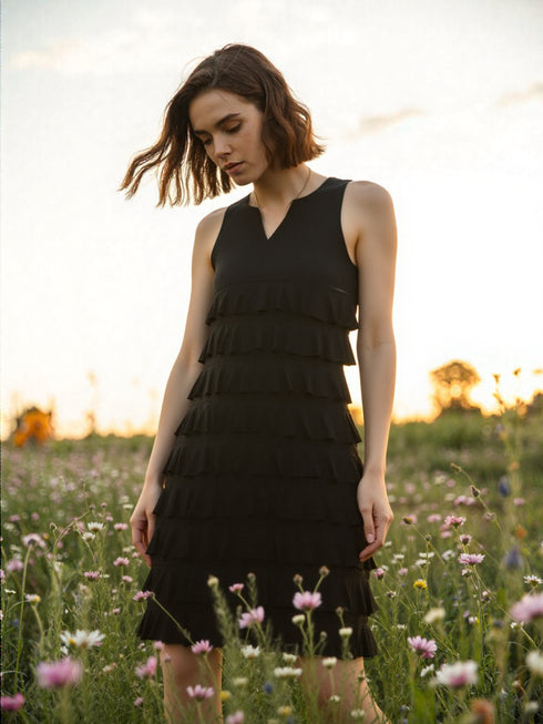 CHACHA Ruffle V Neck Sleeveless Knee length Dress - D107