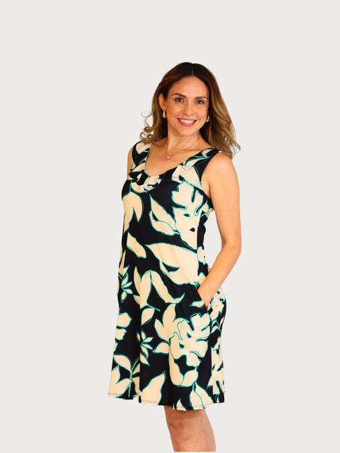 Ruffle Neck Skater Style tank dress with square back and Pocket-D2006