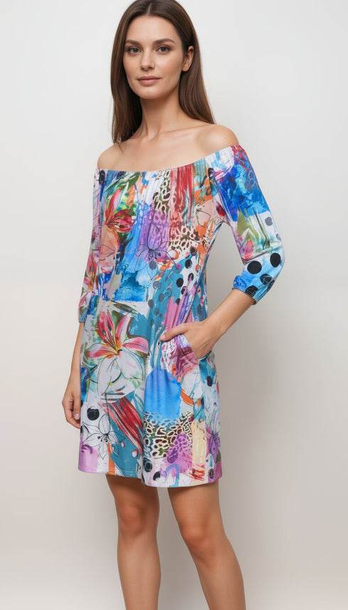 Off Shoulder Flowing Dress with Elastic band Sleeves and Side Pockets- D2068