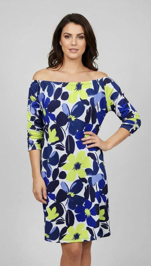 Off Shoulder Flowing Dress with Elastic band Sleeves and Side Pockets- D2068