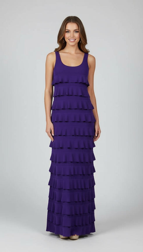 Long Ruffle Maxi Solid color Dress Sleeveless -D211