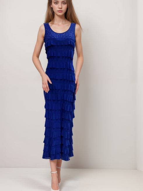 Ruffle Maxi Dress Sleeveless with Rhinestone on Neckline - D211-R