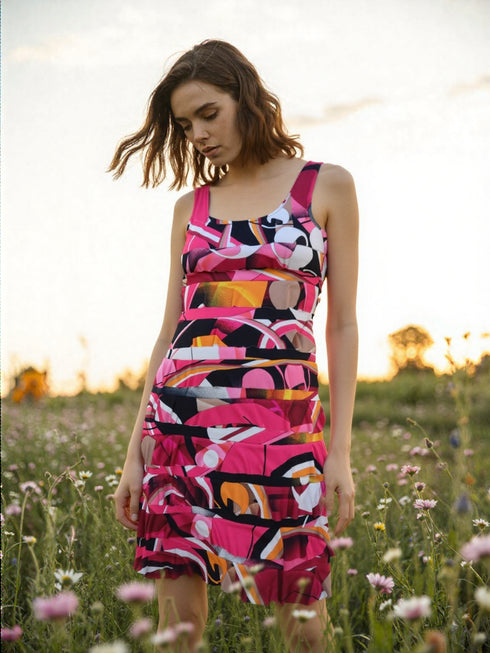 CHACHA Ruffle Knee length DIGITAL PRINT Dress - D2760