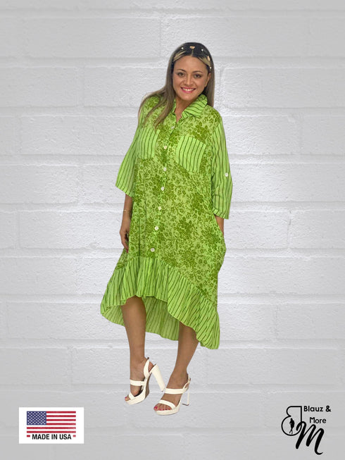 3/4 Sleeves Long Shirt Dress with collar & Pockets - D6264