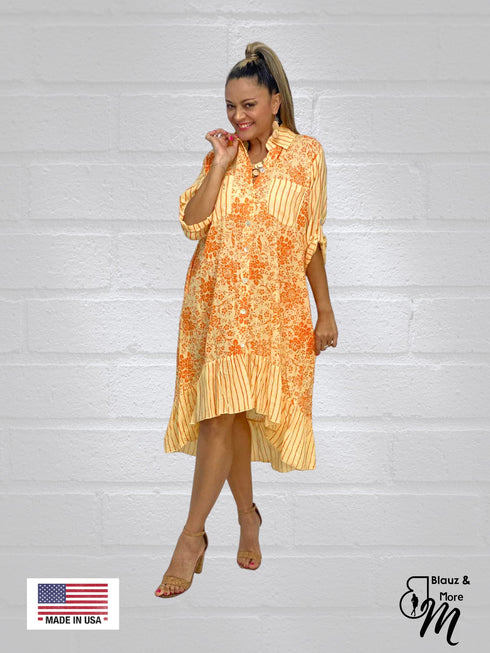 3/4 Sleeves Long Shirt Dress with collar & Pockets - D6264