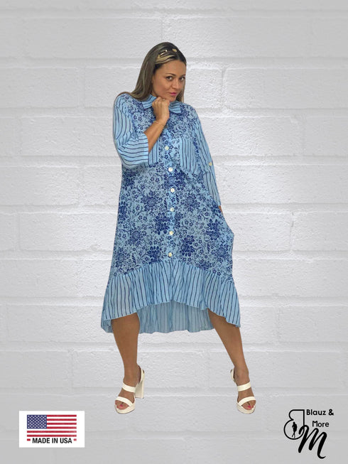 3/4 Sleeves Long Shirt Dress with collar & Pockets - D6264