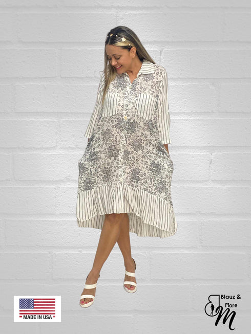 3/4 Sleeves Long Shirt Dress with collar & Pockets - D6264