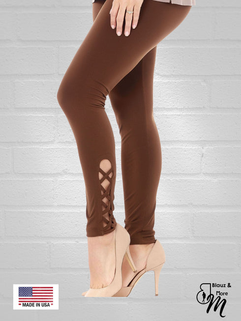 Ankle length leggings with criss cross pattern at the ankle - P009