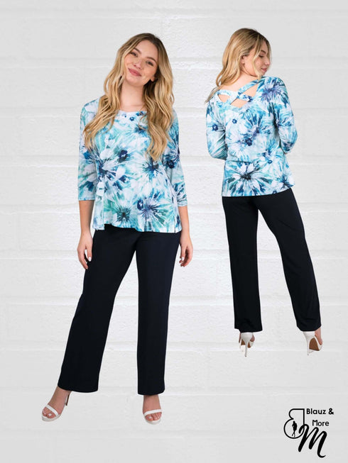 Elegant Boyfriend Neckline Criss Cross Back 3/4 Sleeves Tunic Top - T2063