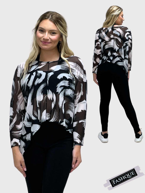 Asymmetrical Mesh See - Through Poncho Top - T2637