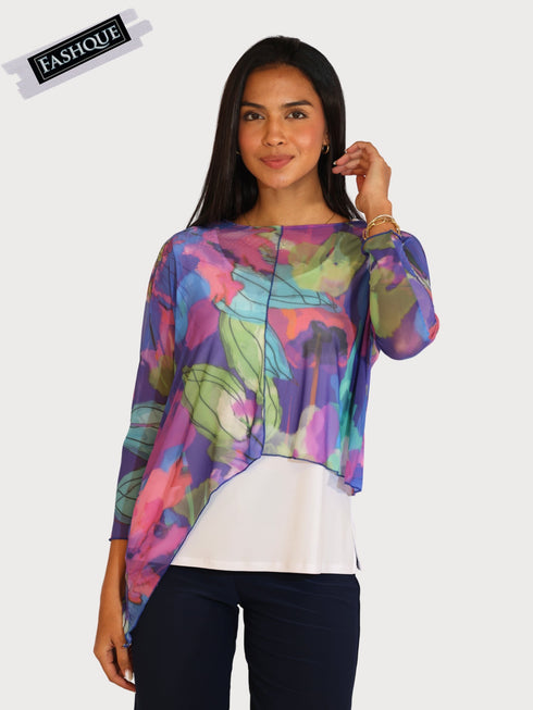 Asymmetrical Mesh See - Through Poncho Top - T2637