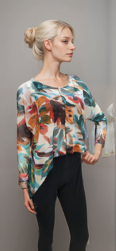 Asymmetrical Mesh See - Through Poncho Top - T2637