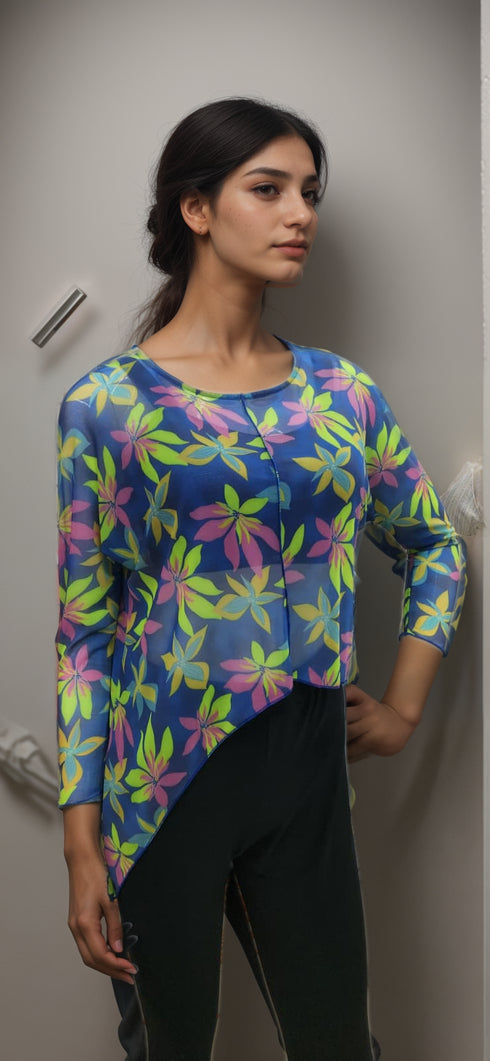 Asymmetrical Mesh See - Through Poncho Top - T2637