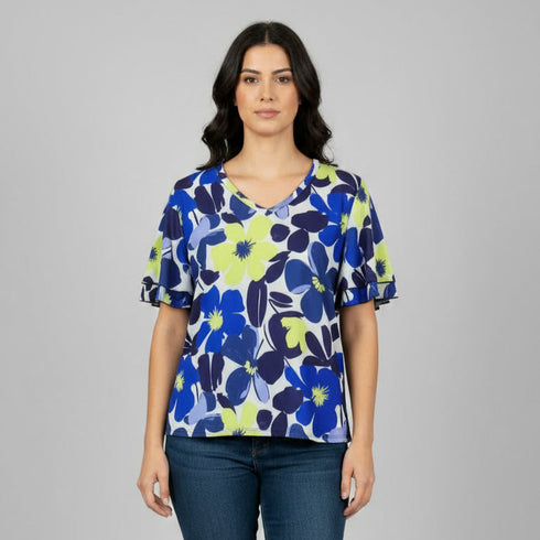 Double Ruffle Bell Sleeves V Neck DIGITAL PRINT Top - T2704