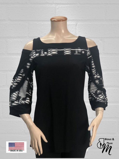 BLACK FRIDAY Cold Shoulder Color Block 3/4 Sleeves Top - T504