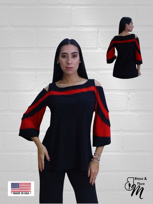 Cold Shoulder Color Block Top-T504