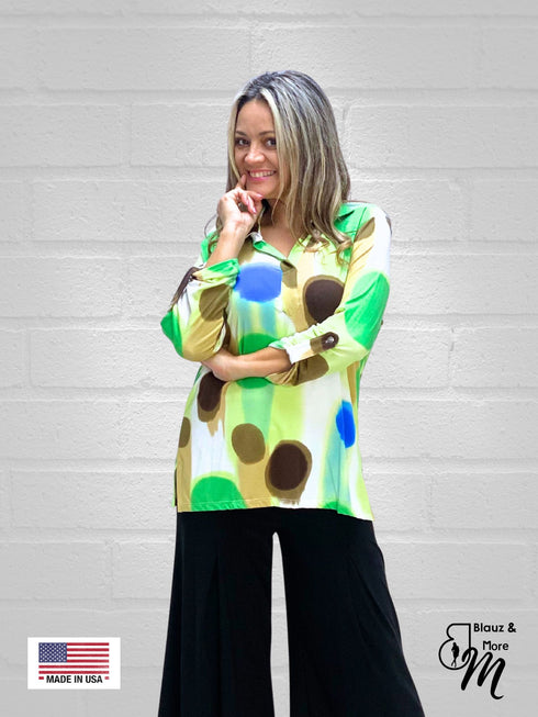 Women's Multi color Batwing Sleeve, half placket with buttons and V Neck Button Up Tunic Tops - T551