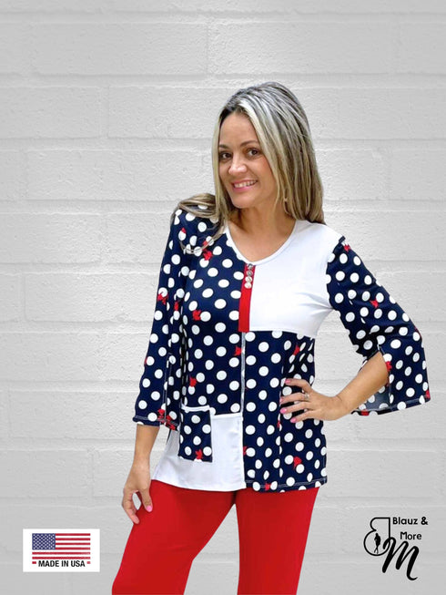 3/4 Slit Sleeve Printed V Neck half Placket color block Tunic Top with buttons and elegant pocket - T607