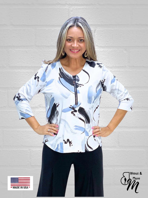 Zipper Front V Neck 3/4 Sleeve Tunic Top - T610