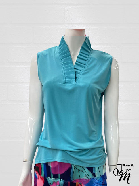 Stand Collar Pleated Frilled Ruffle Sleeveless Top - T623