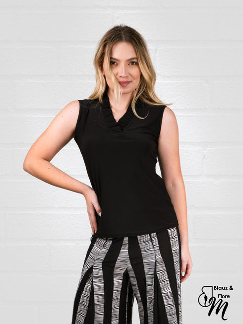 Stand Collar Pleated Frilled Ruffle Sleeveless Top - T623