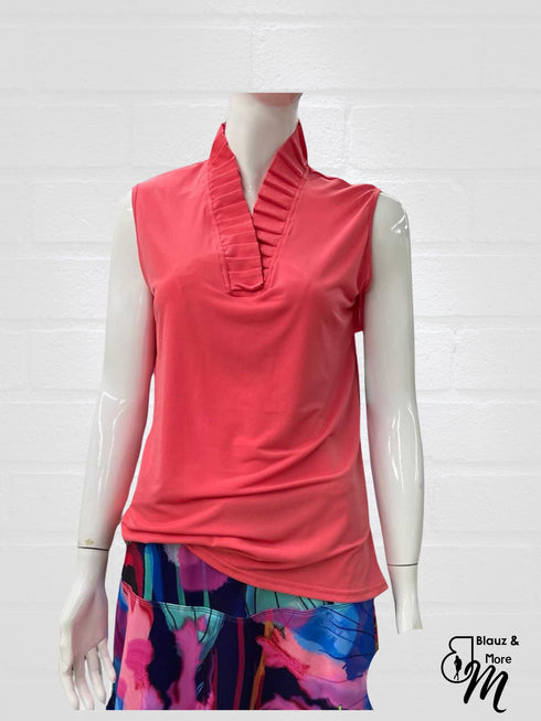 Stand Collar Pleated Frilled Ruffle Sleeveless Top - T623
