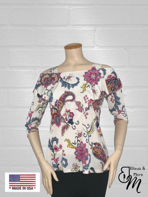 Ruffle Front Cold Shoulder Top - T362