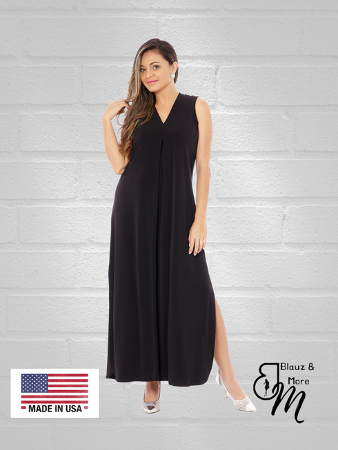 Sheath Silhouette V-Neckline Side Slit Maxi Dress - D052