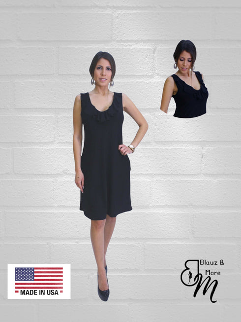 Ruffle Neck Skater Style tank dress with square back and Pocket-D006