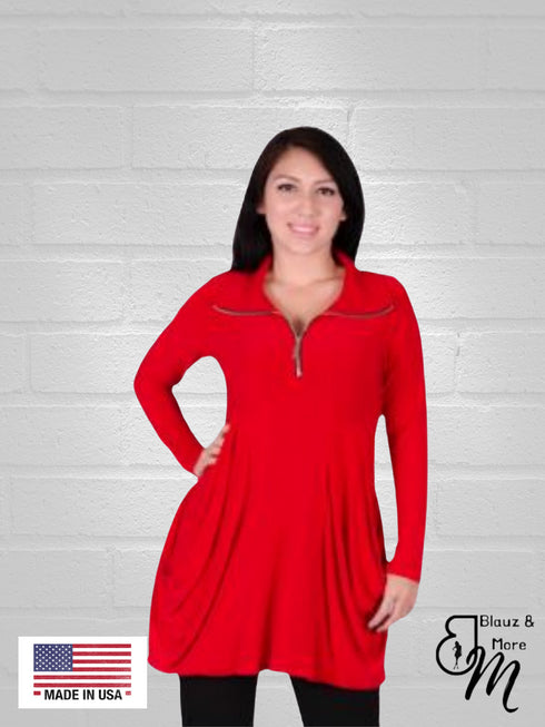 Tunic Long Sleeves Kangaroo Pocket Zipper Front Tunic/Dress