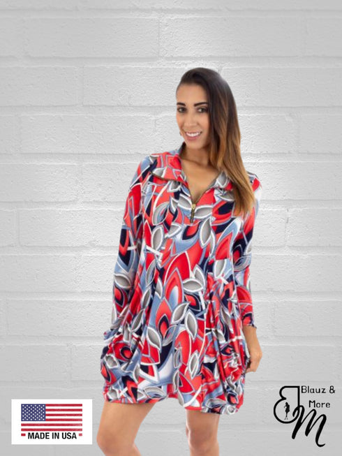 Tunic Long Sleeves Kangaroo Pocket Zipper Front Tunic/Dress