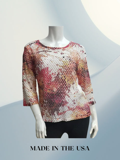 Scoop Neck Netted 3/4 Sleeve Top - T357