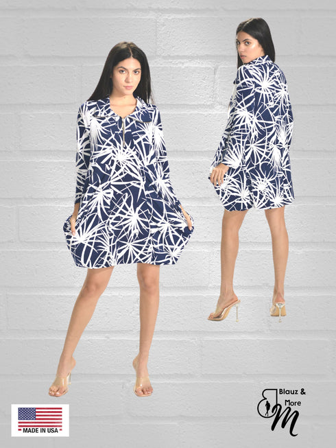 Tunic Long Sleeves Kangaroo Pocket Zipper Front Tunic/Dress