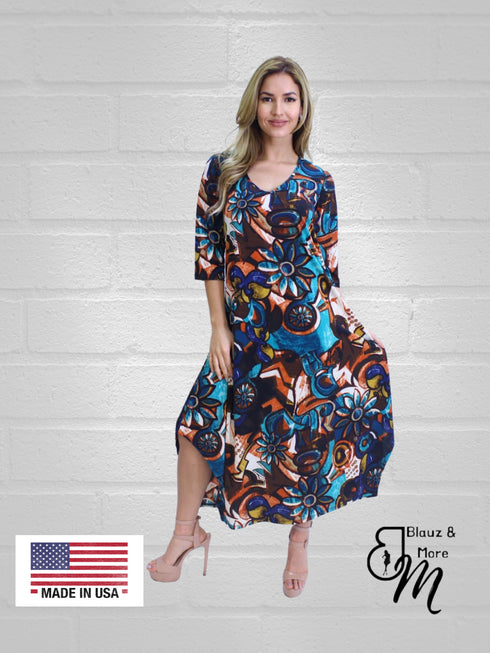 A-line Maxi Dress 3/4th Sleeve -D075