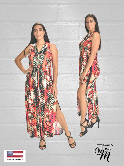 Sheath Silhouette V-Neckline Side Slit Maxi Dress - D052