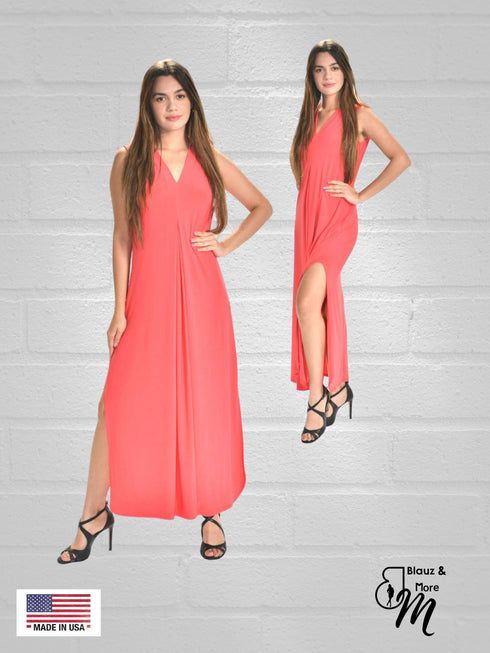 Sheath Silhouette V-Neckline Side Slit Maxi Dress - D052