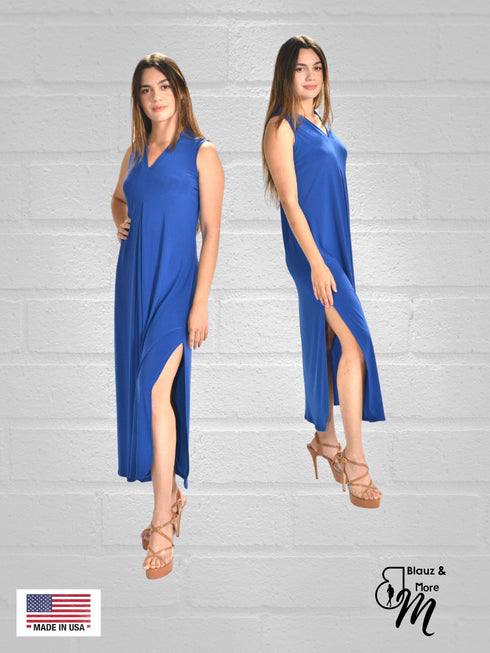 Sheath Silhouette V-Neckline Side Slit Maxi Dress - D052