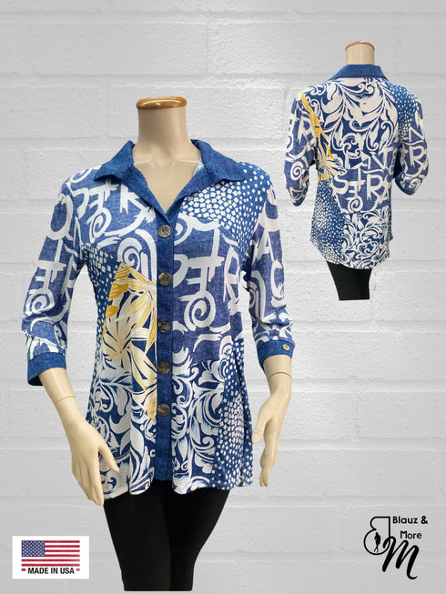 3/4 Sleeve Patch work with Collar Loose Tunic Top - T633