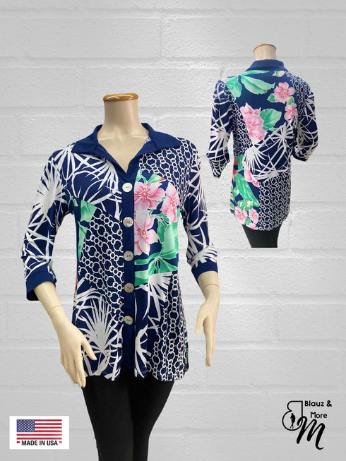 3/4 Sleeve Patch work with Collar Loose Tunic Top - T633